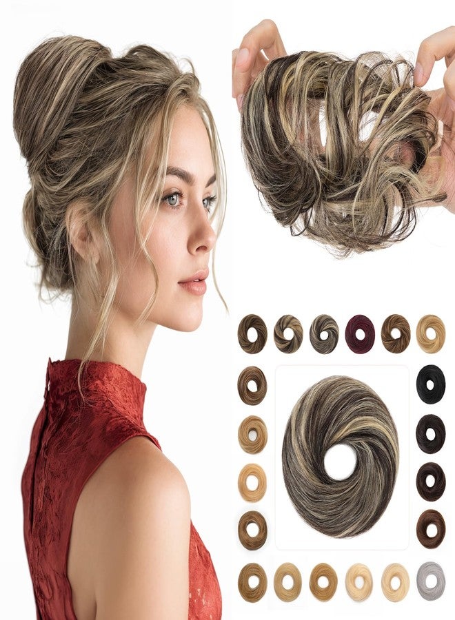 Rich Choices Human Hair Messy Bun Hair Piece for Women, 100% Remy Human Hairs,Chignon Fluffy Donut Updo with Elastic Rubber Band for Girl Straight #1BP613R Natural Black Mix Blenach Blonde - Image 1